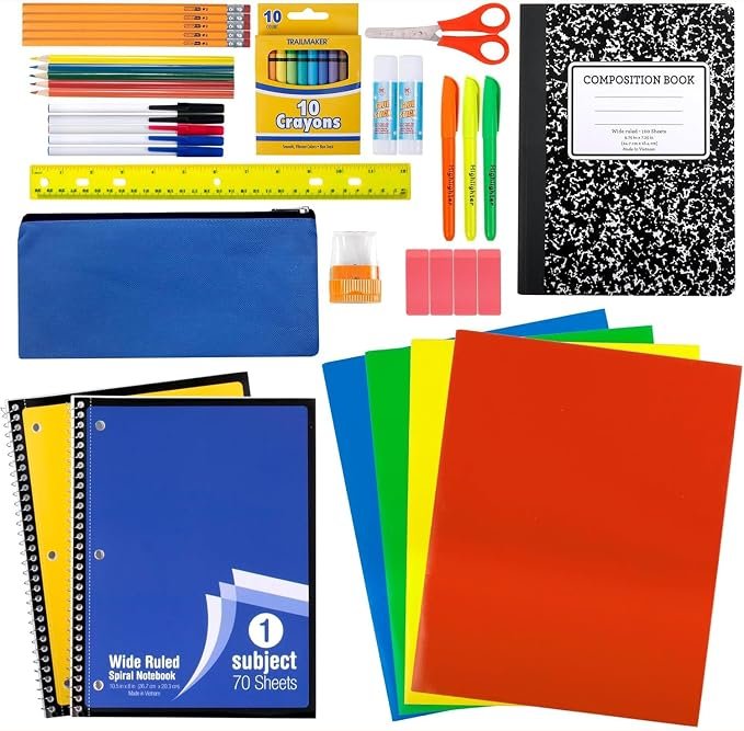 45-piece school supply kit with notebooks, folders, pencils, crayons, scissors, glue, ruler, and pencil case