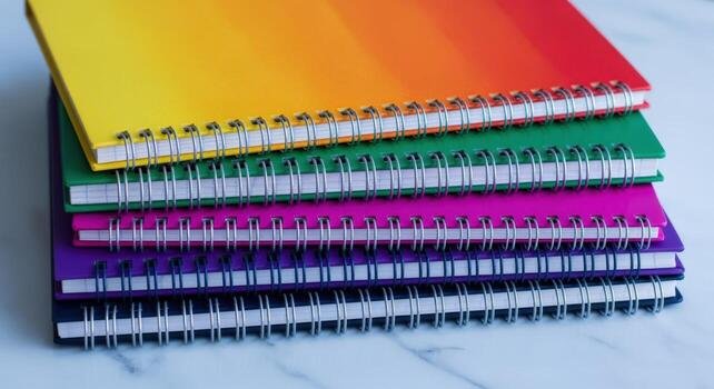 Stack of colorful spiral-bound notebooks